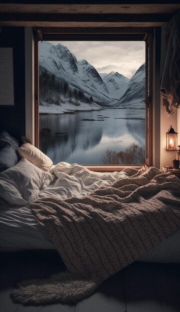 Ein Fenster mit Blick auf einen Berg und ein Bett mit einer Decke und einer Decke
