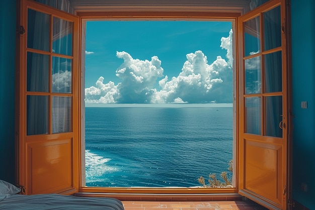 Foto ein fenster mit blick auf einen berg und einen strand