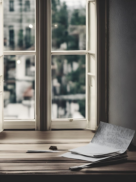 Foto ein fenster mit einem buch darauf und einem stift auf dem tisch.