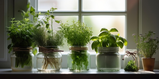 Ein Fenster mit einem Haufen Kräuter darauf