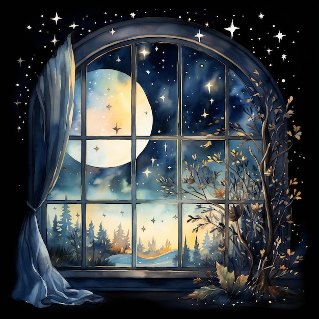 ein Fenster mit einem Mond und einem Baum im Hintergrund