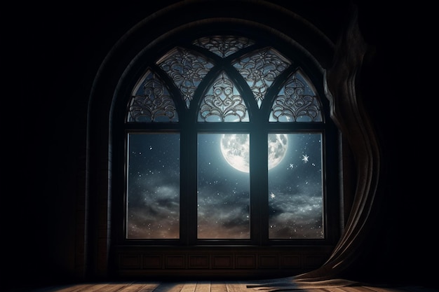 Ein Fenster mit einem Vorhang, auf dem „Mond“ steht