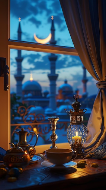 Ein Fenster mit einer Kerze und einem Blick auf die Moschee