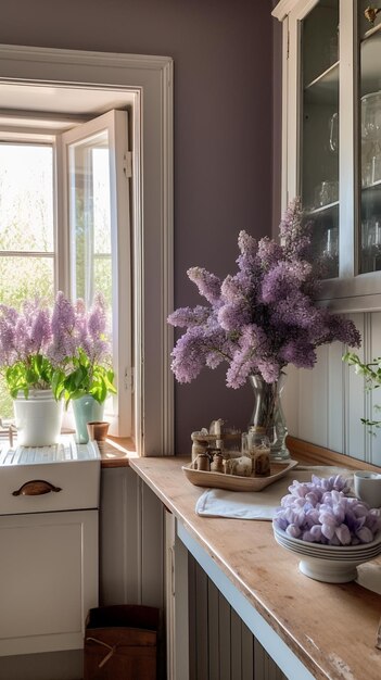 Ein Fenster mit einer Vase mit Flieder auf einem Tisch