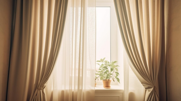 Ein Fenster mit Vorhängen und einer Pflanze am Fenster