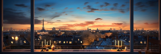 Ein Fensterblick auf eine Stadt bei Sonnenuntergang. Fensterblick aus einem Metallfenster