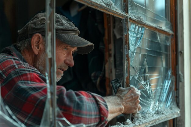 Ein Fensterreparaturmann repariert eine zerbrochene Fensterleiste und betont Fensterrepair-Fähigkeiten