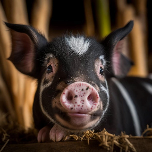 Ein Ferkel schaut über einen Zaun.