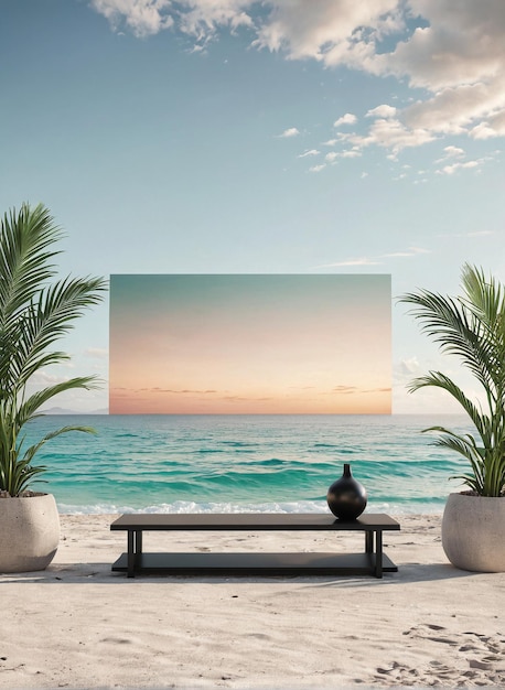 ein Fernsehbildschirm am Strand mit Palmen