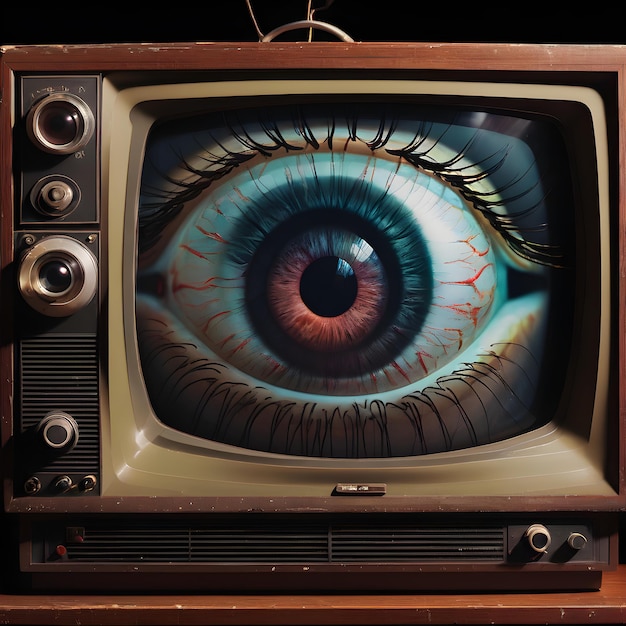 ein Fernsehbildschirm mit einem blauen Auge und einem braunen Rahmen