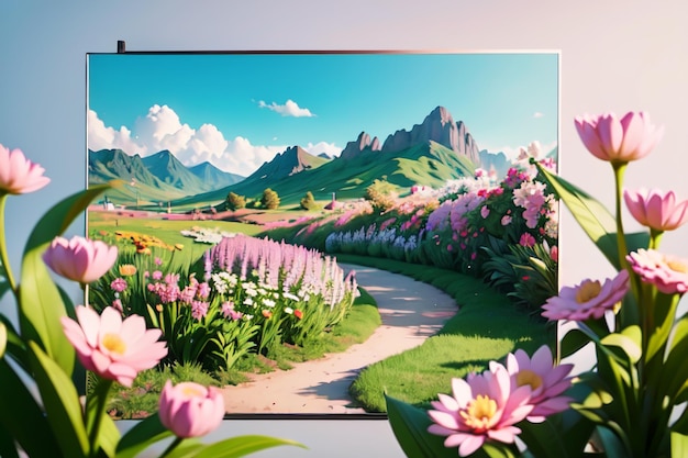 Ein Fernsehbildschirm zeigt eine Landschaft mit Blumen und einen Weg, der zu einem Berg führt.