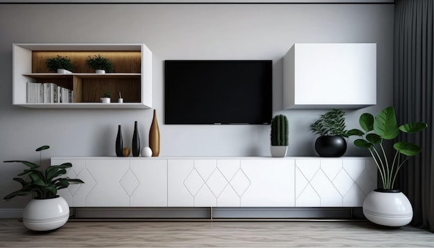 Ein Fernseher auf einem weißen Schrank in einem Wohnzimmer mit einer Pflanze an der Wand.