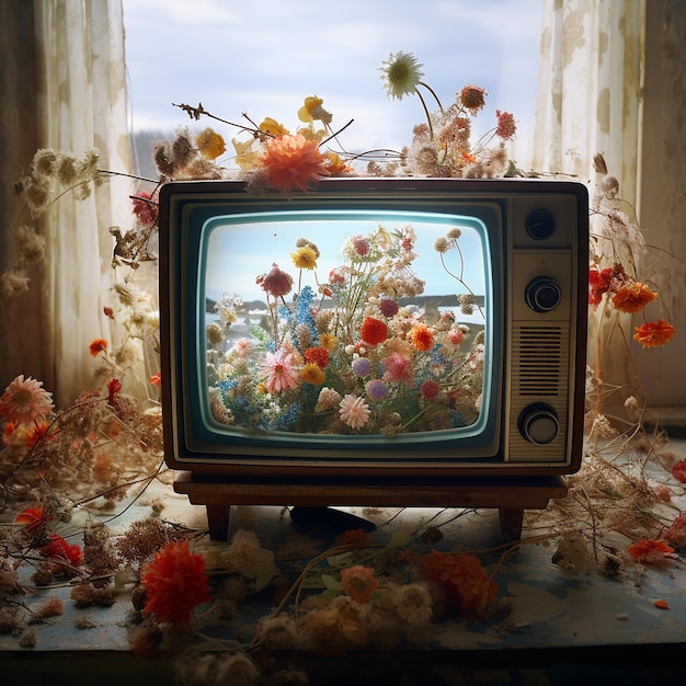 ein Fernseher mit Blumen