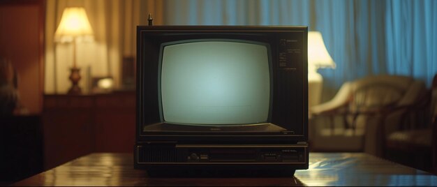 Ein Fernseher sitzt auf einem Tisch im Stil von Retro-Visuals, Vintage-Ästhetik