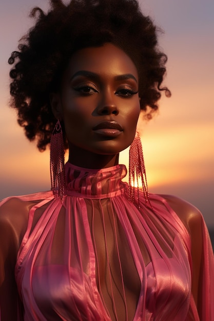 Ein fesselndes afrikanisches Model in einem leuchtend rosa Kleid