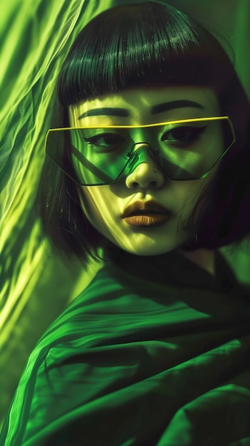Ein fesselndes asiatisches Model in einem grünen Studio-Porträt mit Brille und dunkler Stimmung