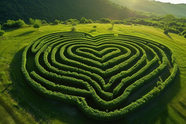 Ein fesselndes Bild, das ein herzförmiges Labyrinth zeigt, das inmitten eines malerischen Feldes hervorsteht. Ein Labyrinth in Form eines Herzens, KI-generiert