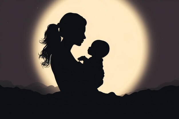 Foto ein fesselndes bild einer frau, die ein baby vor einem leuchtenden vollmond hält. minimalistisches silhouetten-kunstwerk einer mutter, die ihr baby hält, als symbol für die essenz des muttertags. ai generated