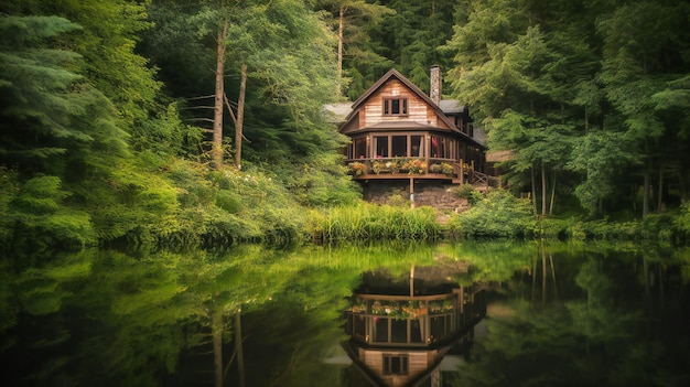 Ein fesselndes Bild einer luxuriösen abgelegenen Hütte am See, die den perfekten Rückzugsort für einen genussvollen Sommerurlaub bietet