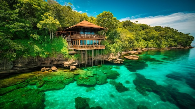 Ein fesselndes Bild einer luxuriösen Inselvilla, die eine ruhige und abgeschiedene Oase für einen genussvollen Sommerurlaub bietet