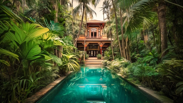 Ein fesselndes Bild einer prächtigen Sommervilla, die in ein tropisches Paradies eingebettet ist und die perfekte Verschmelzung von luxuriösem Wohnen im Innen- und Außenbereich bietet