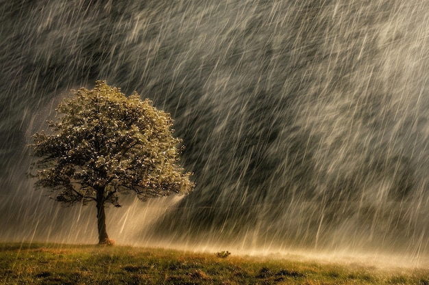 Ein fesselndes Bild eines heftigen Frühlingsregen, das die Kraft und Schönheit der Wut der Natur zeigt