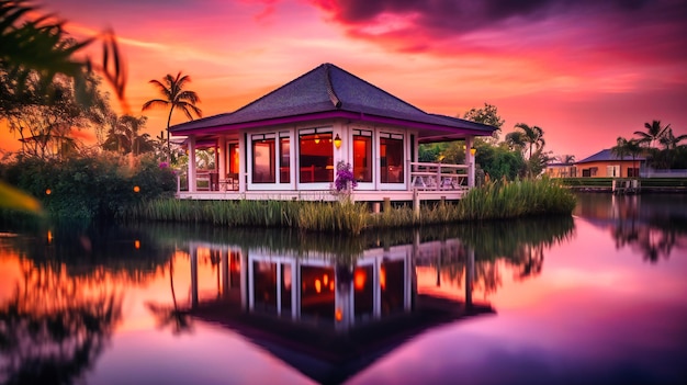 Ein fesselndes Bild eines luxuriösen Bungalows am Wasser vor einem faszinierenden Sonnenuntergang für einen wahrhaft idyllischen Kurzurlaub