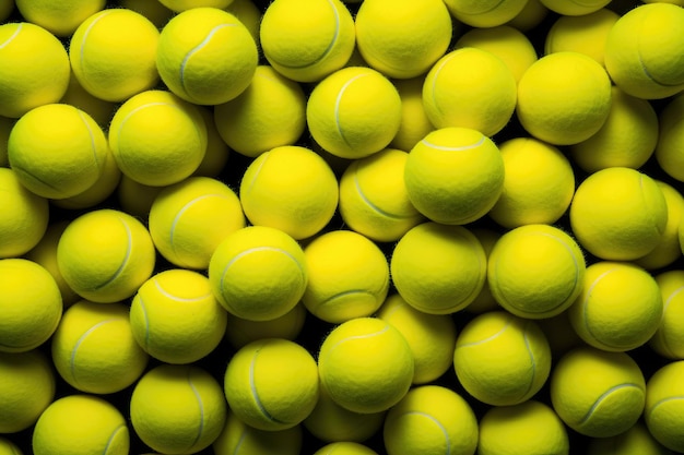 Ein fesselndes Bild eines riesigen Stapels gelber Tennisbälle, der eine auffällige Darstellung schafft. Viele lebendige Tennisbälle, Muster neuer Tennisbälle für den Hintergrund, KI-generiert