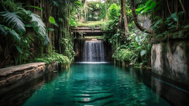 Ein fesselndes Bild eines ruhigen Wasserspiels, das eine ruhige und nachsichtige Atmosphäre in einem luxuriösen Poolvillengarten bietet