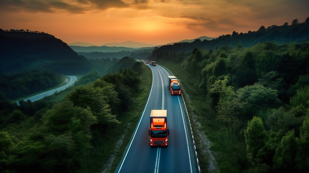 Ein fesselndes Bild von Lastwagen, die auf einer unberührten Autobahn überholen und die Eleganz moderner Transportmittel demonstrieren