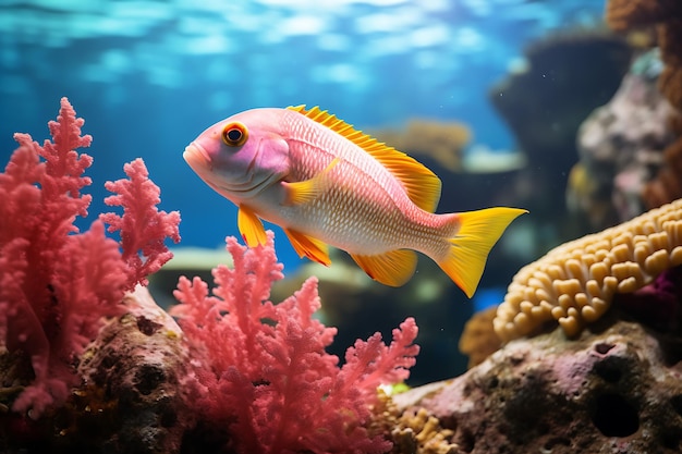 Ein fesselndes Foto eines Fischs, der in der lebendigen Korallenlandschaft patrouilliert.