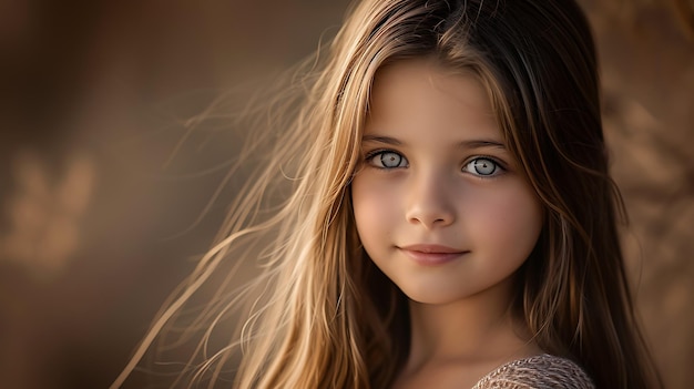 Ein fesselndes Porträt eines faszinierenden jungen Mädchens mit fließenden brünetten Locken und bezaubernden violetten Augen, die mit einem Hauch von Sternenstaub glänzen, ihre ätherische Schönheit ist sowohl rätselhaft als auch fesselnde.