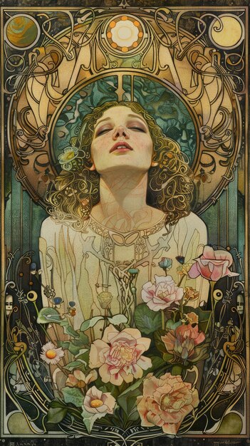 Ein fesselndes Porträt eines Mädchens, geschmückt im bezaubernden Stil des Art Nouveau, das die Anmut und den Reiz dieser zeitlosen künstlerischen Bewegung verkörpert, eine faszinierende Mischung aus Eleganz und komplizierten Details.