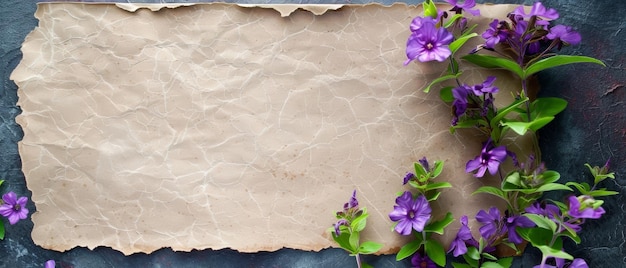 Ein fesselndes Stockbild mit einem rustikalen braunen Papier mit rohen Rändern, ergänzt durch lebendige lila Blumenakzente auf einem dunklen Schieferhintergrund