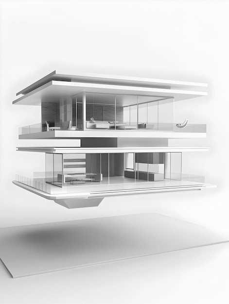 Ein fesselndes weißes Modell eines eleganten minimalistischen schwimmenden architektonischen Gebäudes mit funktionellem Innenraum