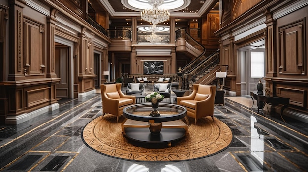 Ein fesselndes Willkommen in einer modernen Holz-Luxus-Hotellobby Generative KI