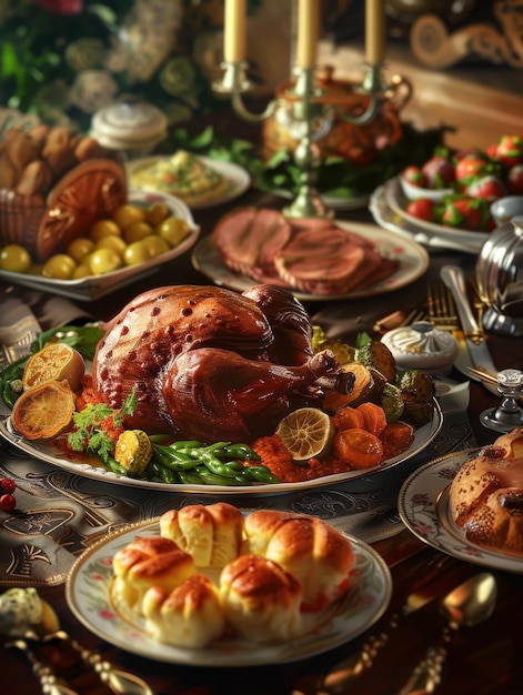 Ein festlich aufgestellter Tisch für ein Thanksgiving-Abendessen mit geröstetem Truthahn, Kartoffelpüree, Cranberry-Sauce und anderen Beilagen