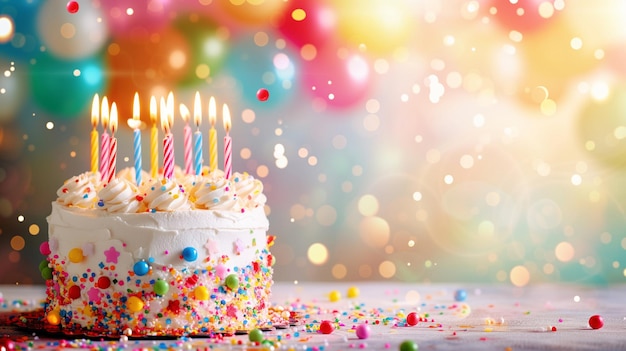 Ein festlicher Geburtstagskuchen, der mit angezündeten Kerzen und farbenfrohen Spritzeln gegen einen verschwommenen Hintergrund geschmückt ist