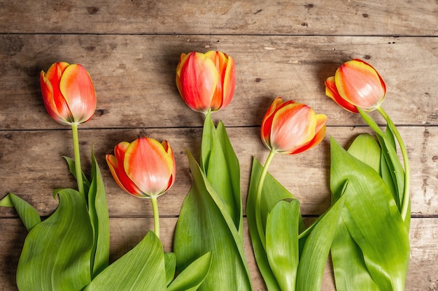 Ein festlicher Strauß frischer Tulpen auf einem Vintage-Holztisch