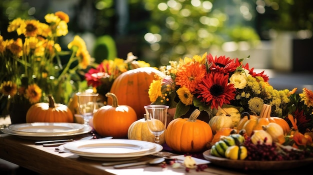 Foto ein festlicher thanksgiving-tisch mit wunderschönen blumenarrangements und kürbisdekor
