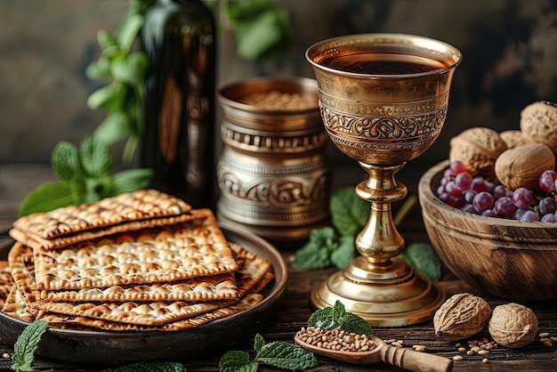 Ein festlicher Tisch für einen traditionellen Passah-Seder mit einem Becher des Propheten Elia und Matzoh