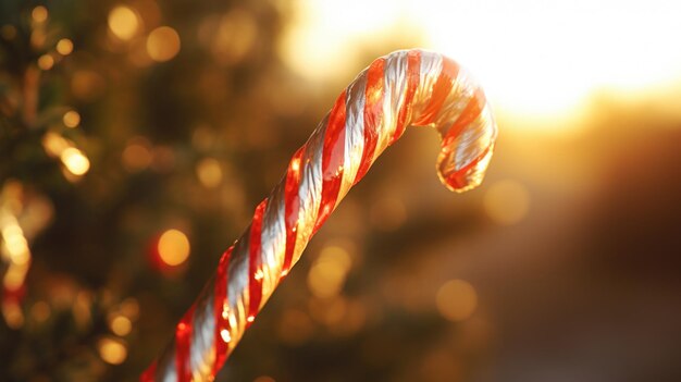 Foto ein festlicher zuckerrohr, der vor einem wunderschön geschmückten weihnachtsbaum platziert ist. perfekt für designs und dekorationen mit weihnachtenthemen.