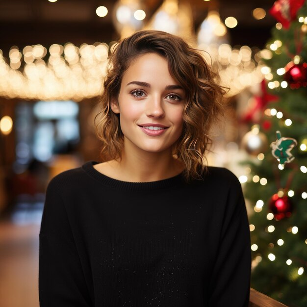 Ein festliches Fotoshoot im Sezane-Stil mit Weihnachts-Hintergrund