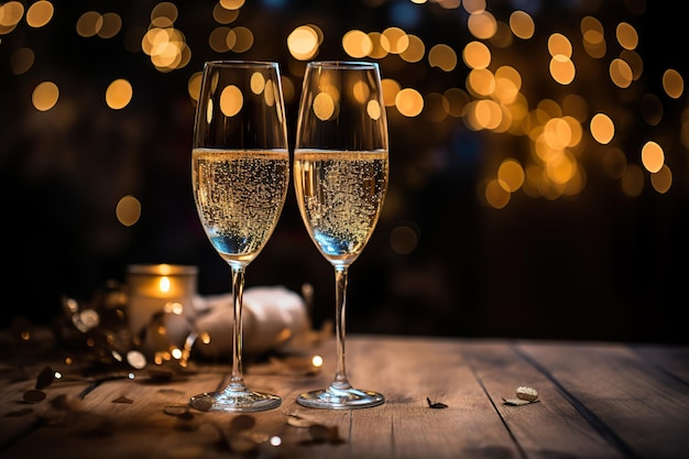 Ein festliches Neujahrs-Champagnerglas und glitzerndes Konfetti im Hintergrund