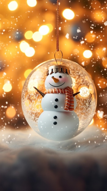 Ein festliches Schneemann-Ornament hängt an einem schön geschmückten Weihnachtsbaum