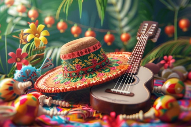 Ein festliches Stillleben mit einem farbenfrohen traditionellen mexikanischen Sombrero und einer klassischen Gitarre