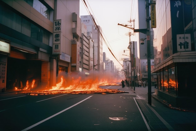 Ein Feuer brennt in einer Straße mit einem Schild mit der Aufschrift „Die Stadt Tokio“.