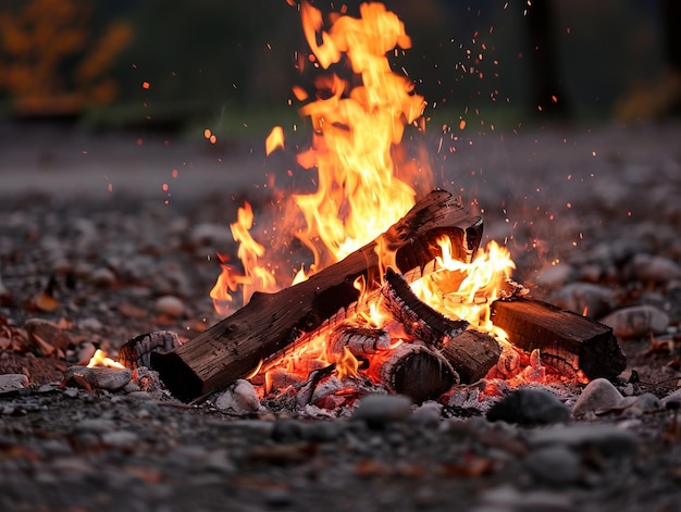 Ein Feuer brennt mitten auf einer Kiesstraße