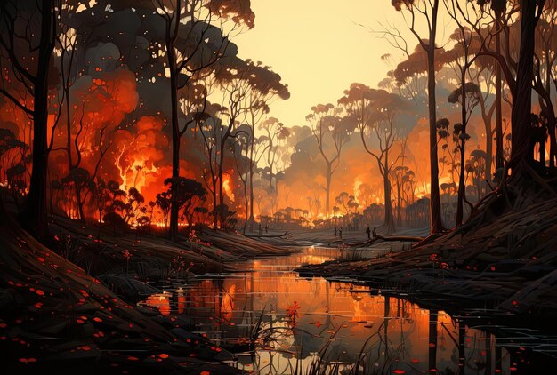 ein Feuer brennt über den Wald im Stil dunkler Orange und hellbraun