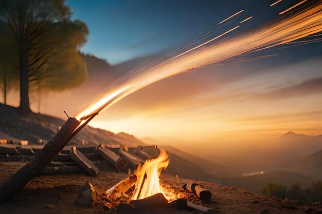 Foto ein feuer brennt vor einem berg mit einem feuer, das im hintergrund brennt.